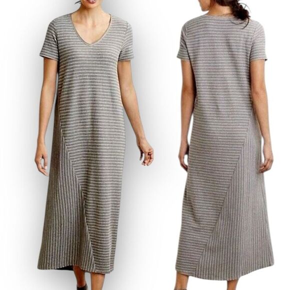 Pure J. Jill Taupe Ribbed Stripe Porcini Short Sleeve V-Neck Midi Dress Size XL - Picture 1 of 11